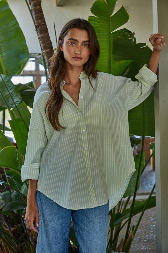 L8287 | Woven Cotton Polyester Striped Buttondown Shirt: Green / S