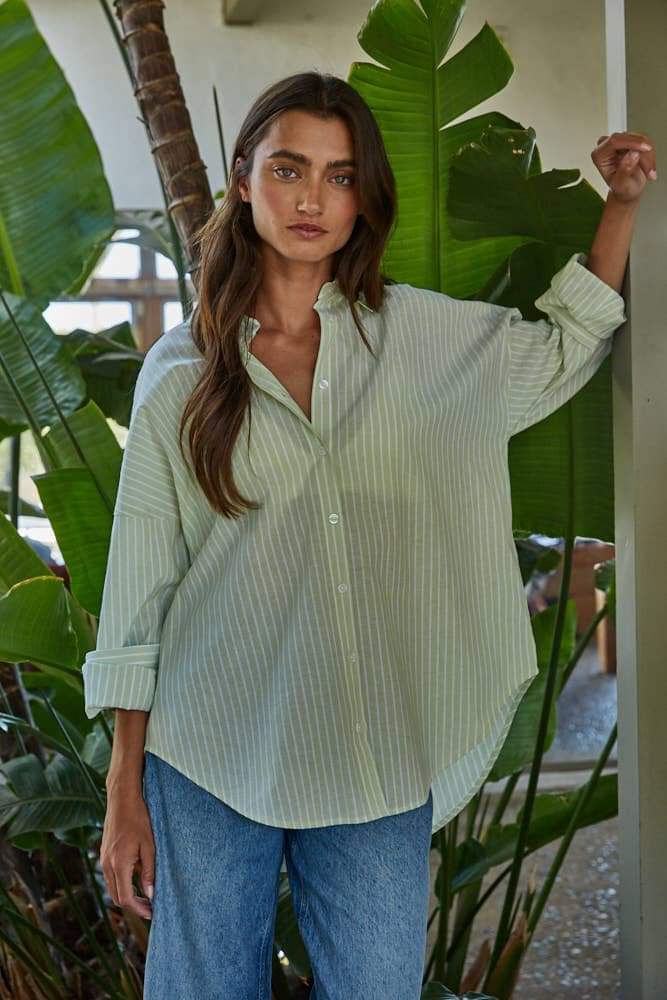 L8287 | Woven Cotton Polyester Striped Buttondown Shirt: Green / S