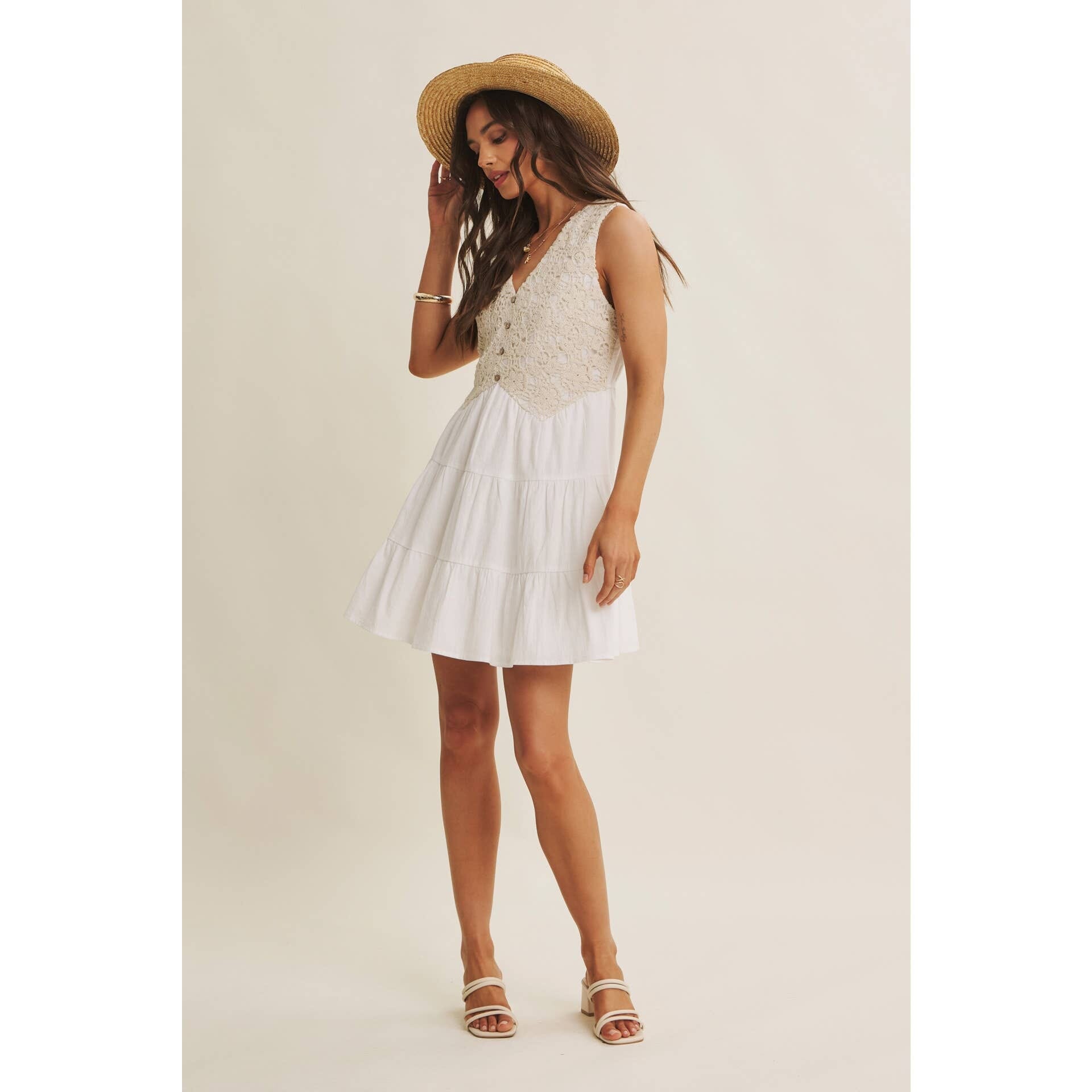 FRENCH PICNIC MIXED MEDIA COTTON CROCHET MINI DRESS: OFF WHITE / S