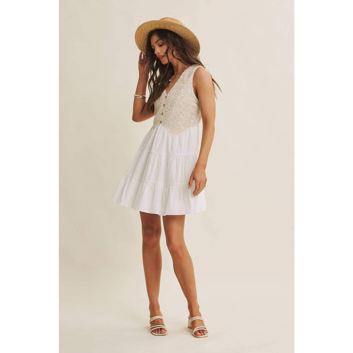 FRENCH PICNIC MIXED MEDIA COTTON CROCHET MINI DRESS: OFF WHITE / S
