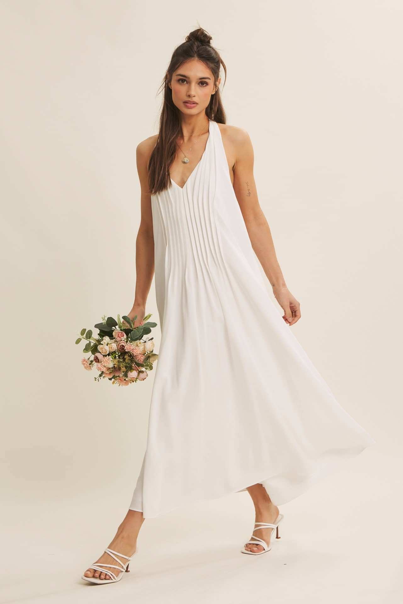 Serene Pintuck Halter Midi Dress – Off White