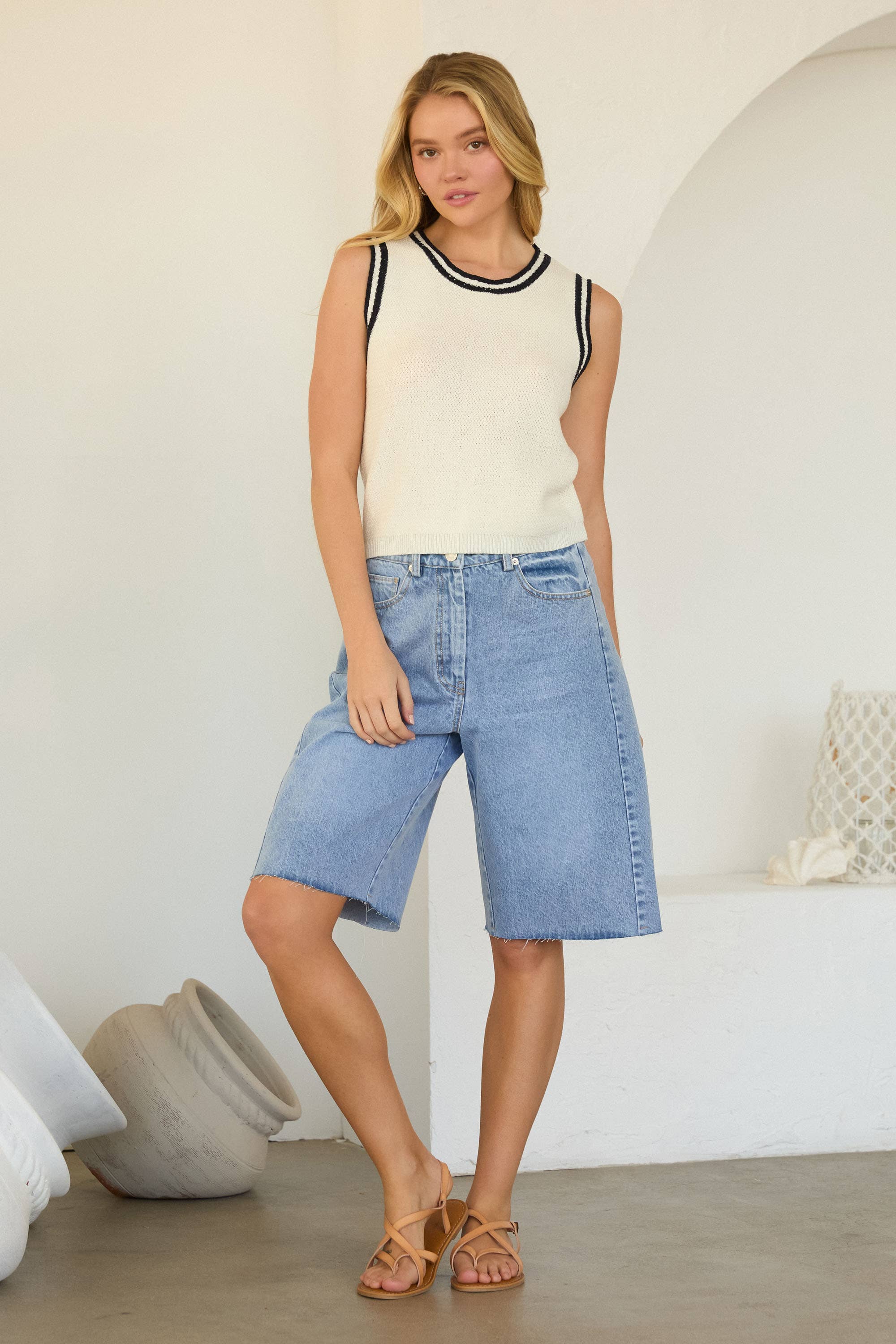 Striped Crochet Trim Sweater Vest: White-Navy / XS