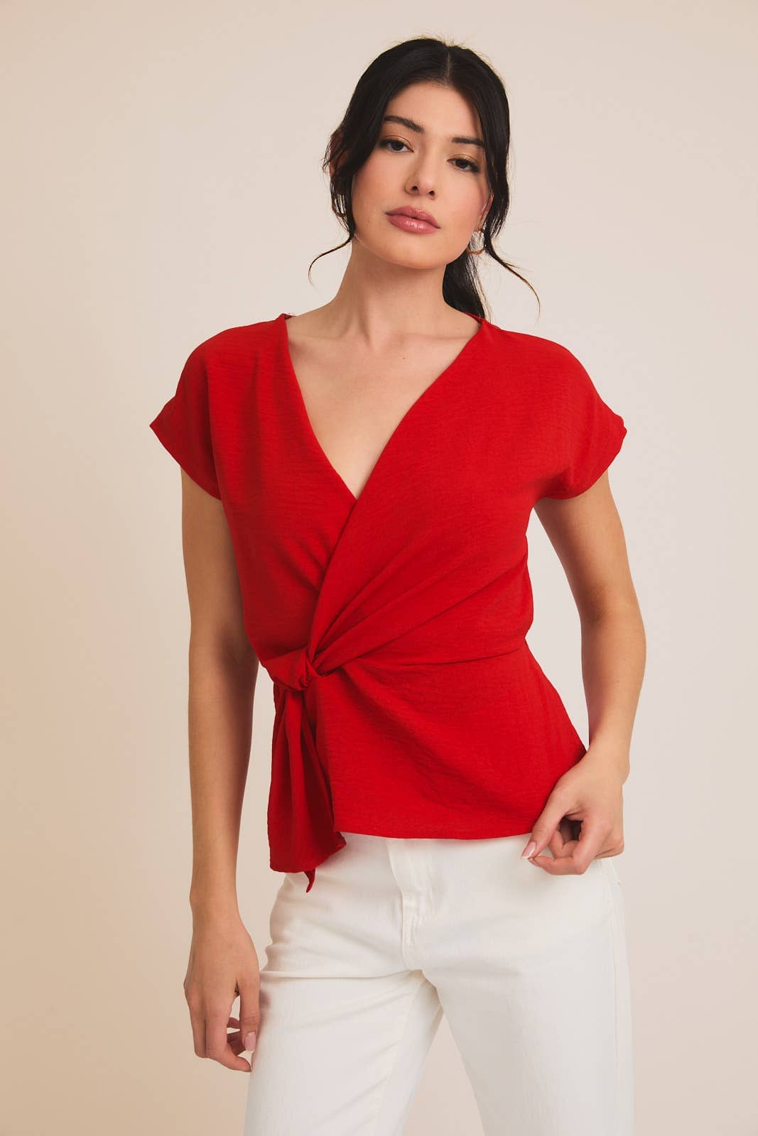 Red V-Neck Knotted Top