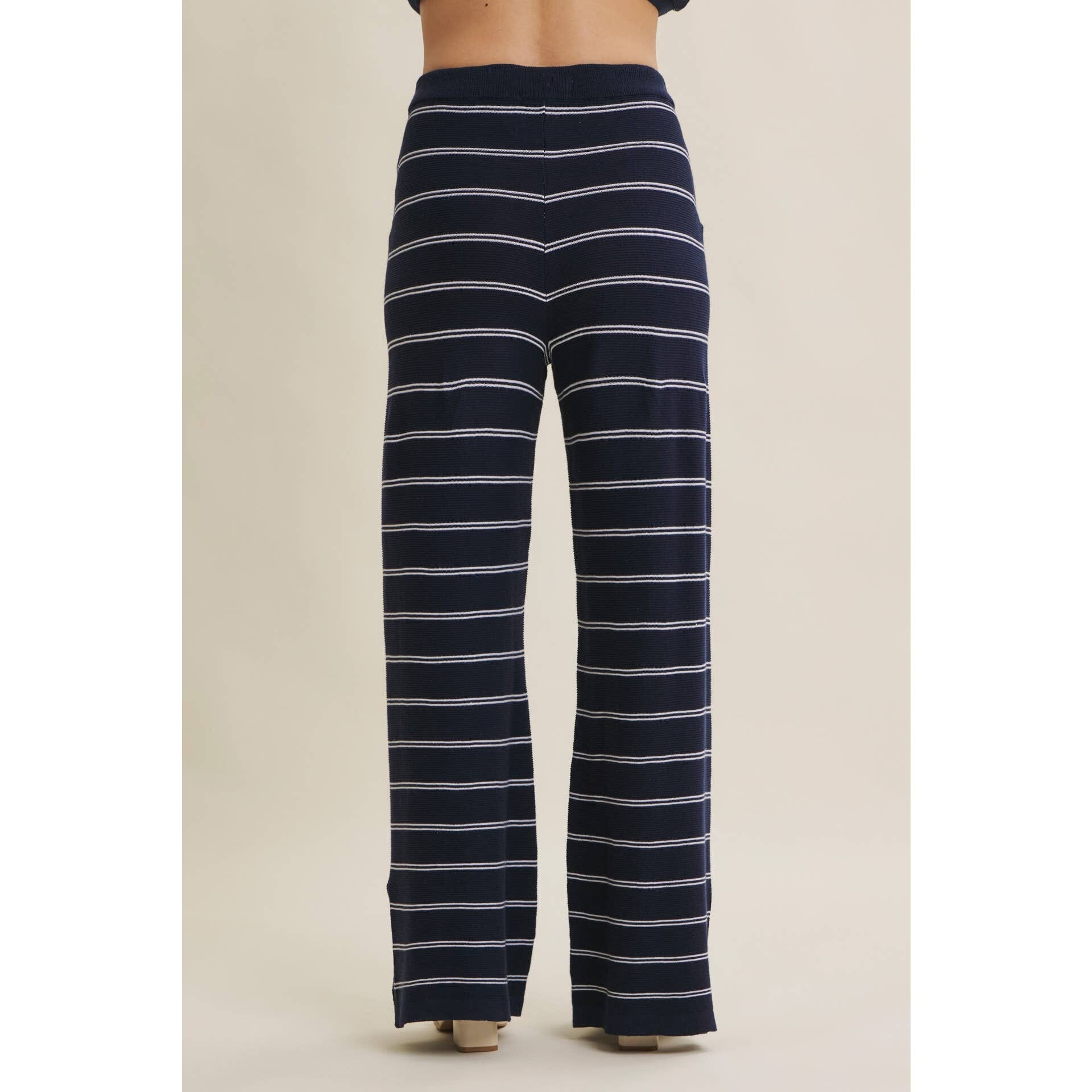 Navy Stripe Wide-Leg Linen-Cotton Knit Pants