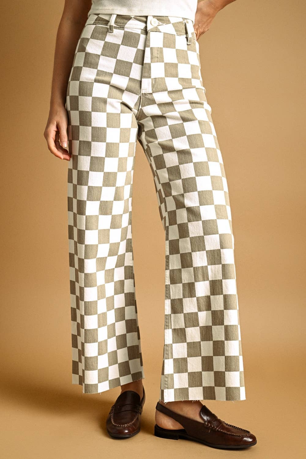 P7497 CHECKER BOARD STREATCH PANTS: TAN / S