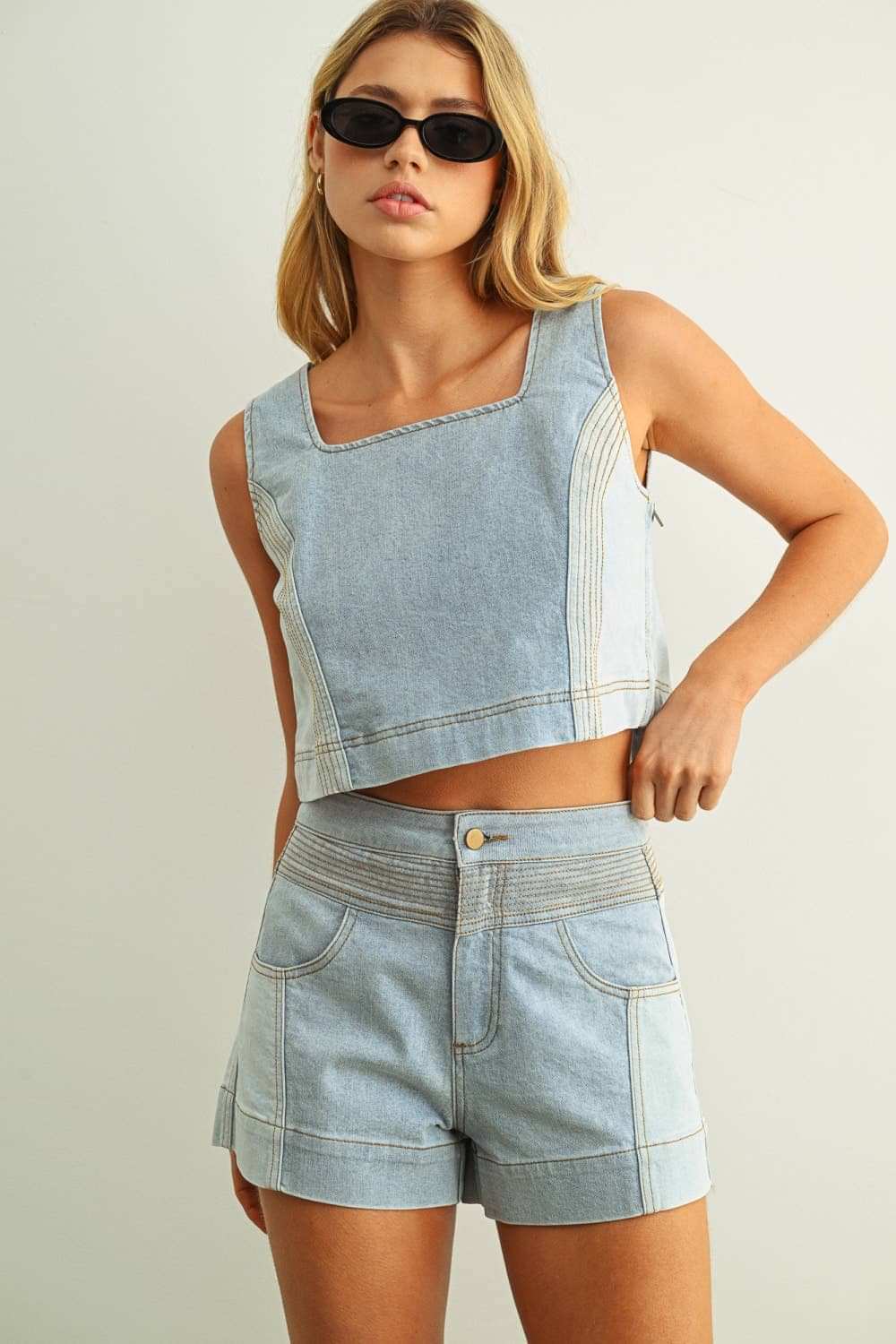 T5886ST DENIM COLOR BLOCKED SLEEVELESS TOP: MIX DENIM / S