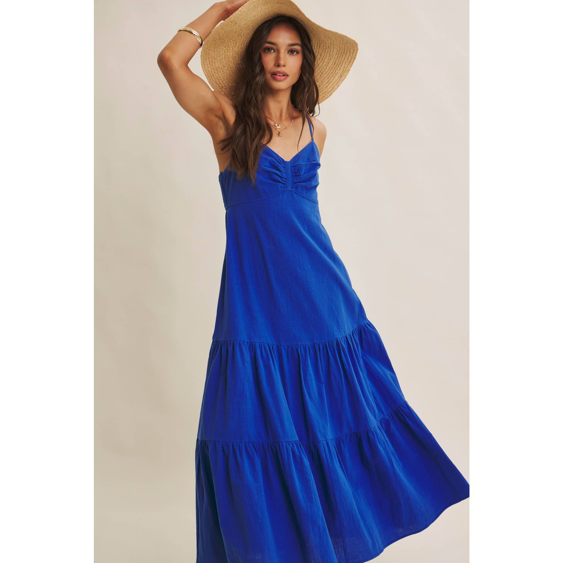 ISLAND SUNSET AIRY COTTON SMOCKED BACK RUCHED MAXI DRESS: ROYAL BLUE / S | Stella & Grace Boutique .