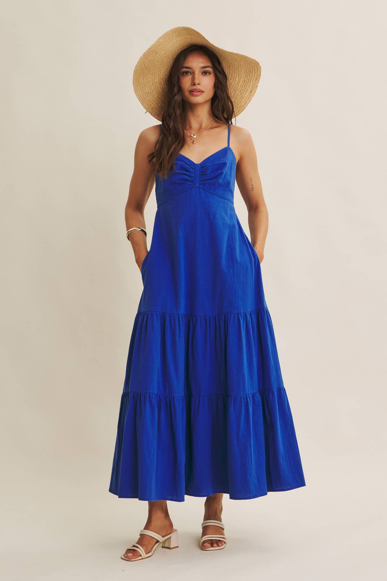 ISLAND SUNSET AIRY COTTON SMOCKED BACK RUCHED MAXI DRESS: ROYAL BLUE / S | Stella & Grace Boutique .