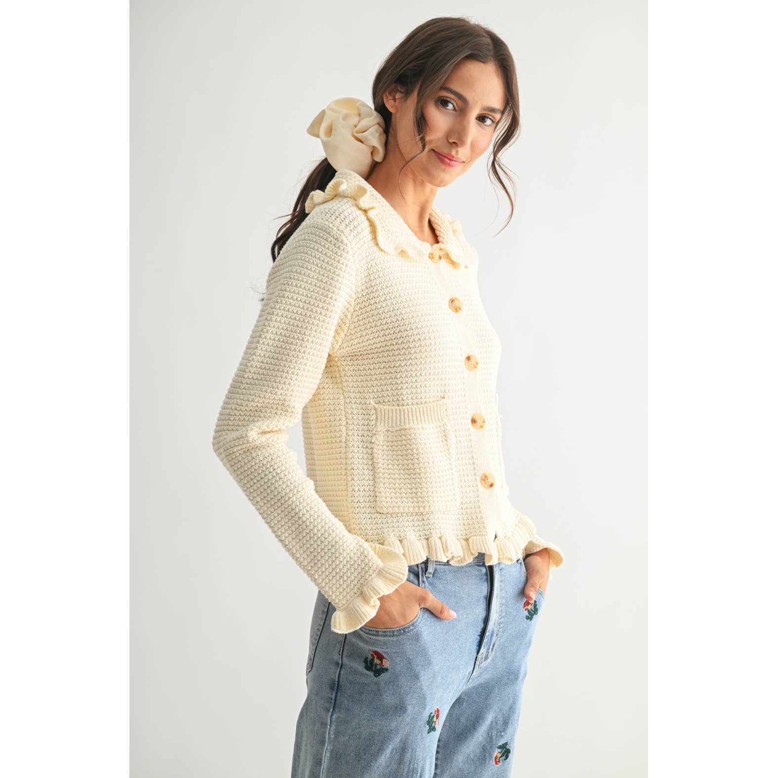 RUFFLED KNIT CARDIGAN: IVORY / S-M-L(3-2-1)