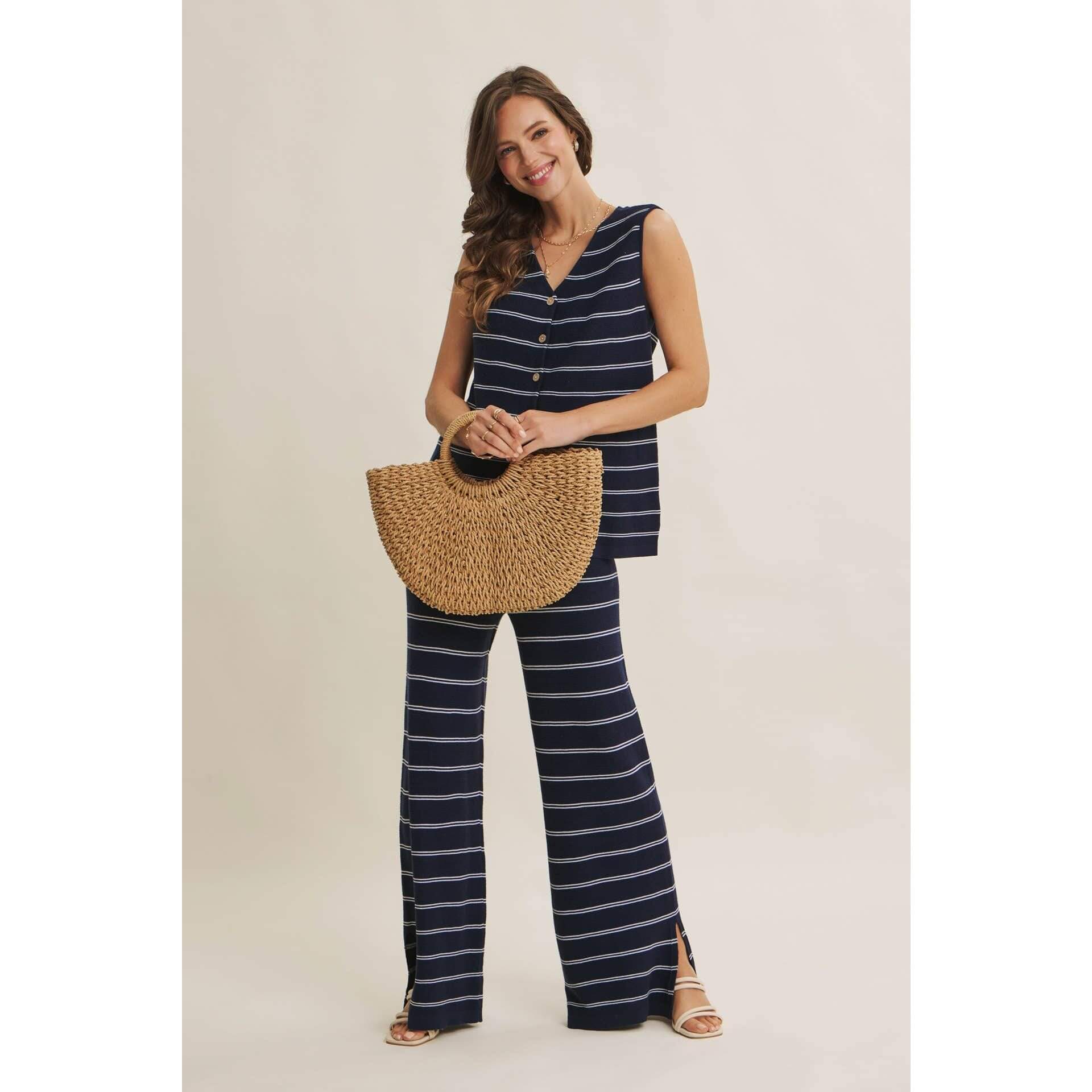 Navy Stripe Linen-Cotton Sleeveless Sweater Top
