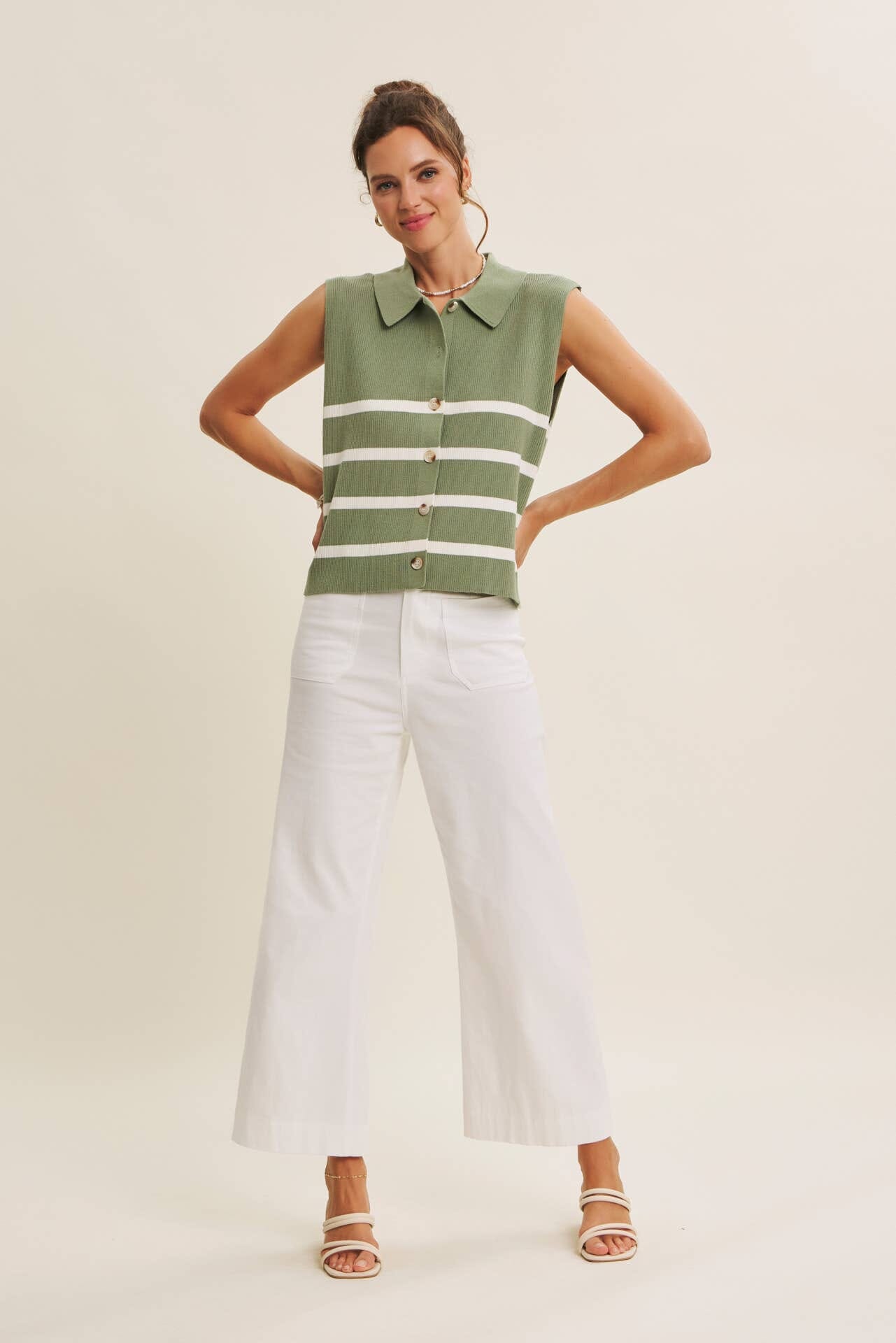 ALL SEASON LAYERING VISCOSE RIB BUTTON-DOWN SWEATER VEST: STONE GREEN / S