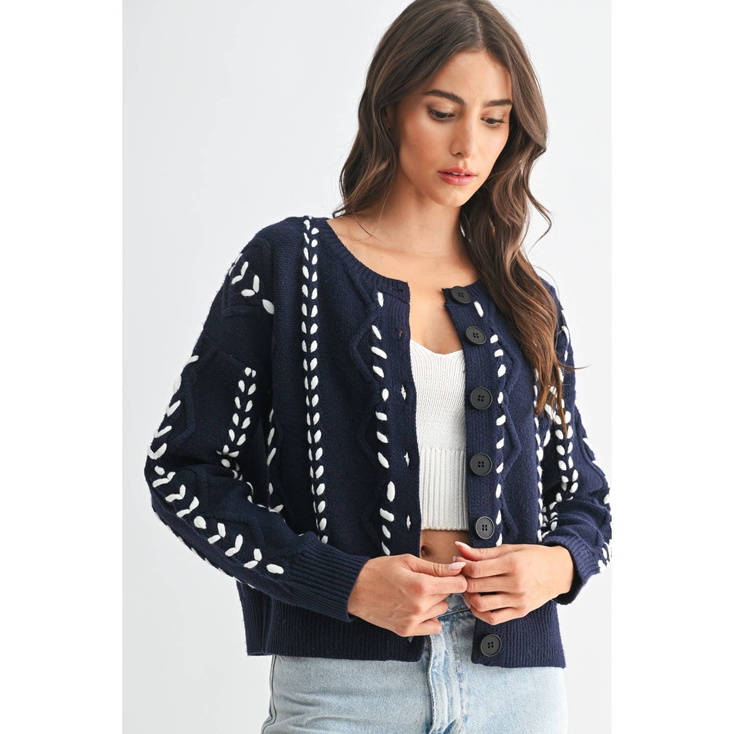 TORI RIBBON STITCH CABLE KNIT CARDIGAN : INDIGO/WHITE / S-M-L(3-2-1)