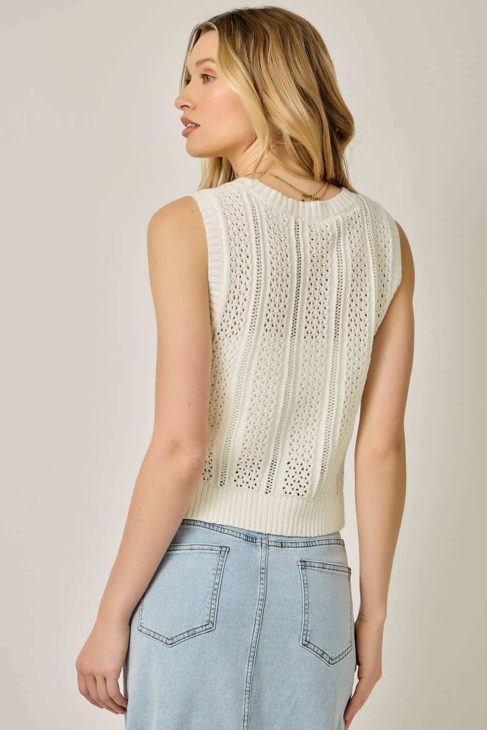 71168 Pointelle Knitted Button Up Vest: Off White / Medium