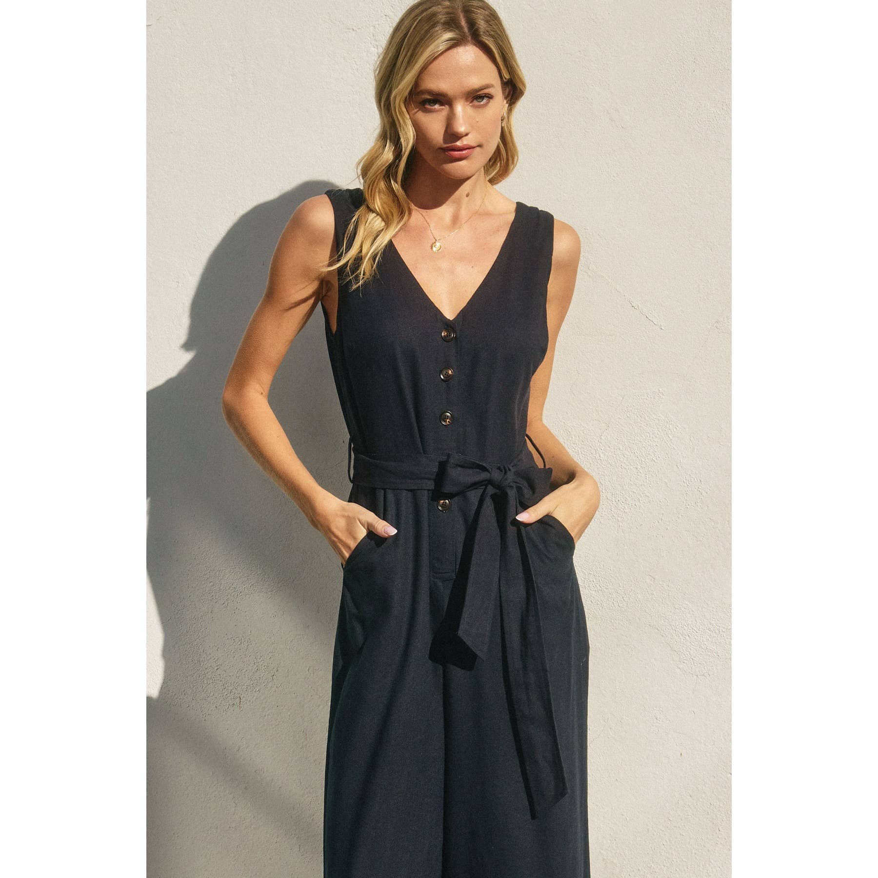Heaven Sent Button Down Sash Belt Jumpsuit: NAVY / S-M-L(2-2-2)