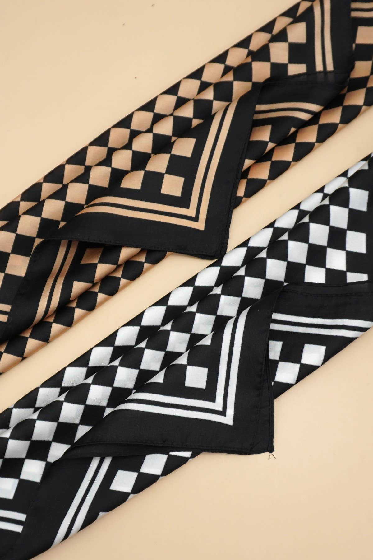 Brown Large Checker Print Silky Bandana Scarf