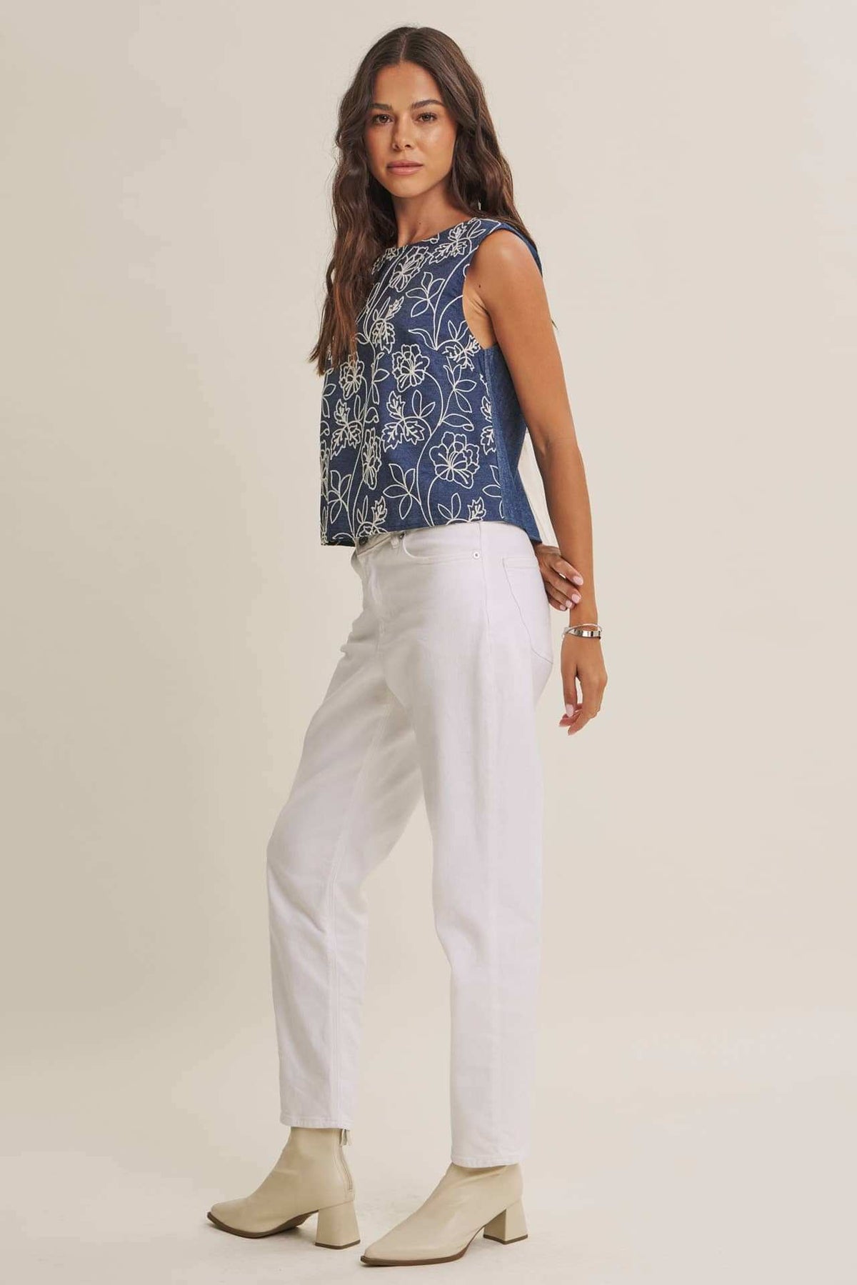 Coastal Chambray Embroidered Blouse with Statement Bow Back