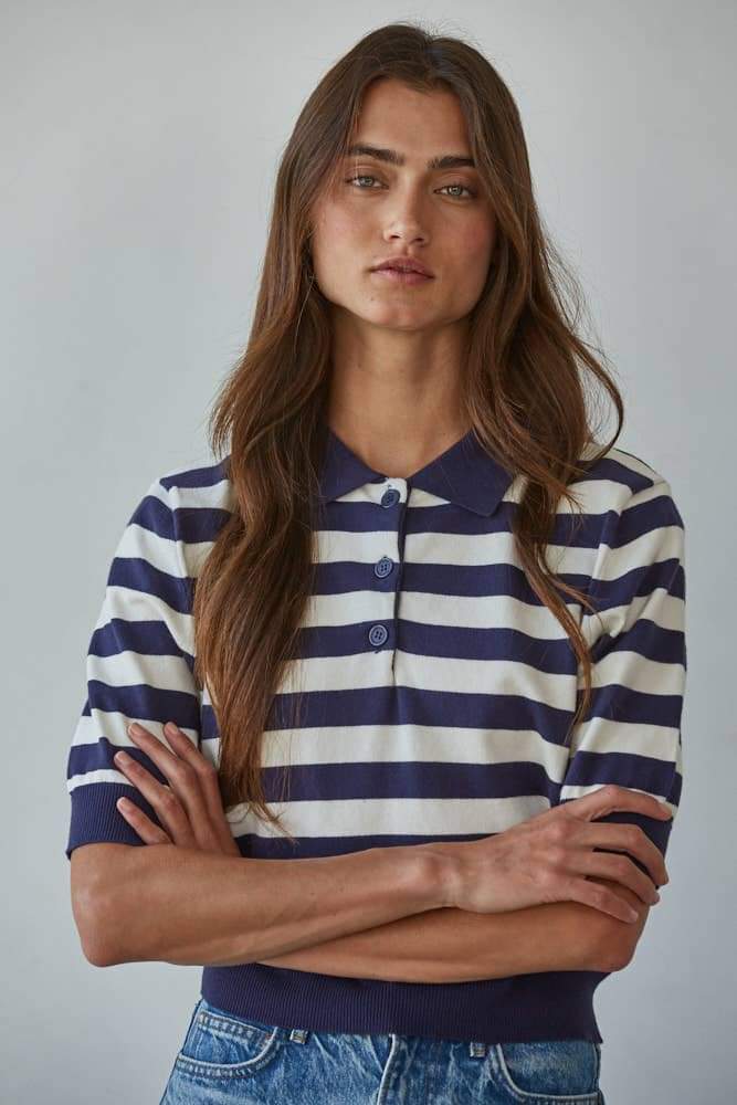 W2262 | Knit Sweater Striped Half Button Up Collar Neck Top: Navy White / S