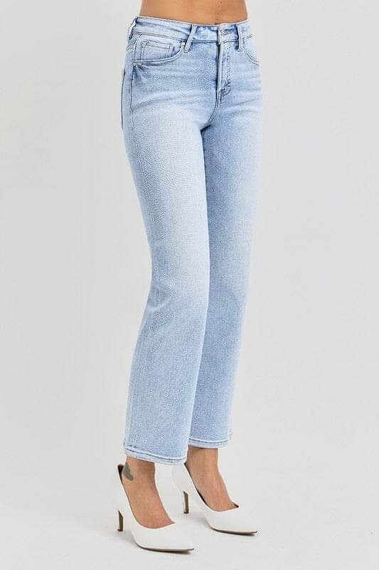 RISEN Tummy Control High Rise Light Wash Crop Straight Jeans