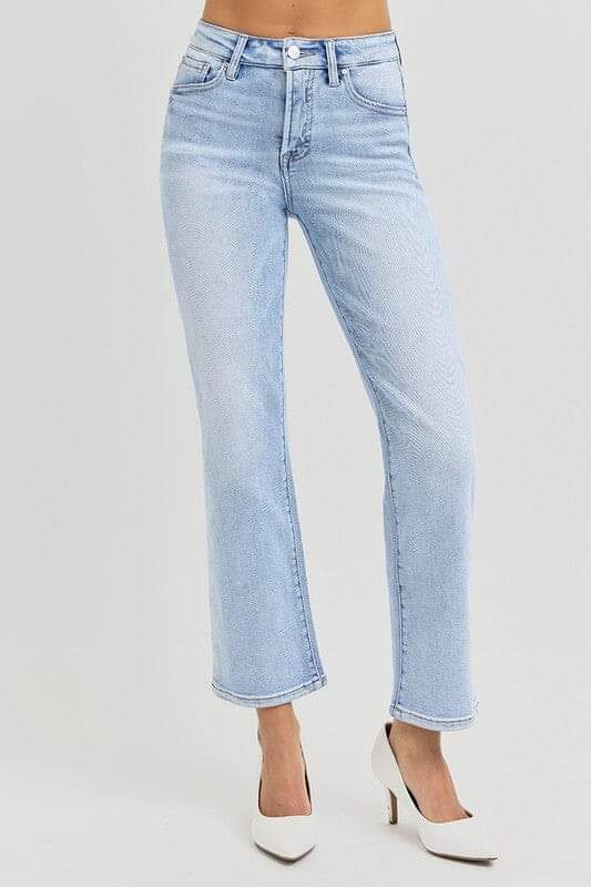 RISEN Tummy Control High Rise Light Wash Crop Straight Jeans