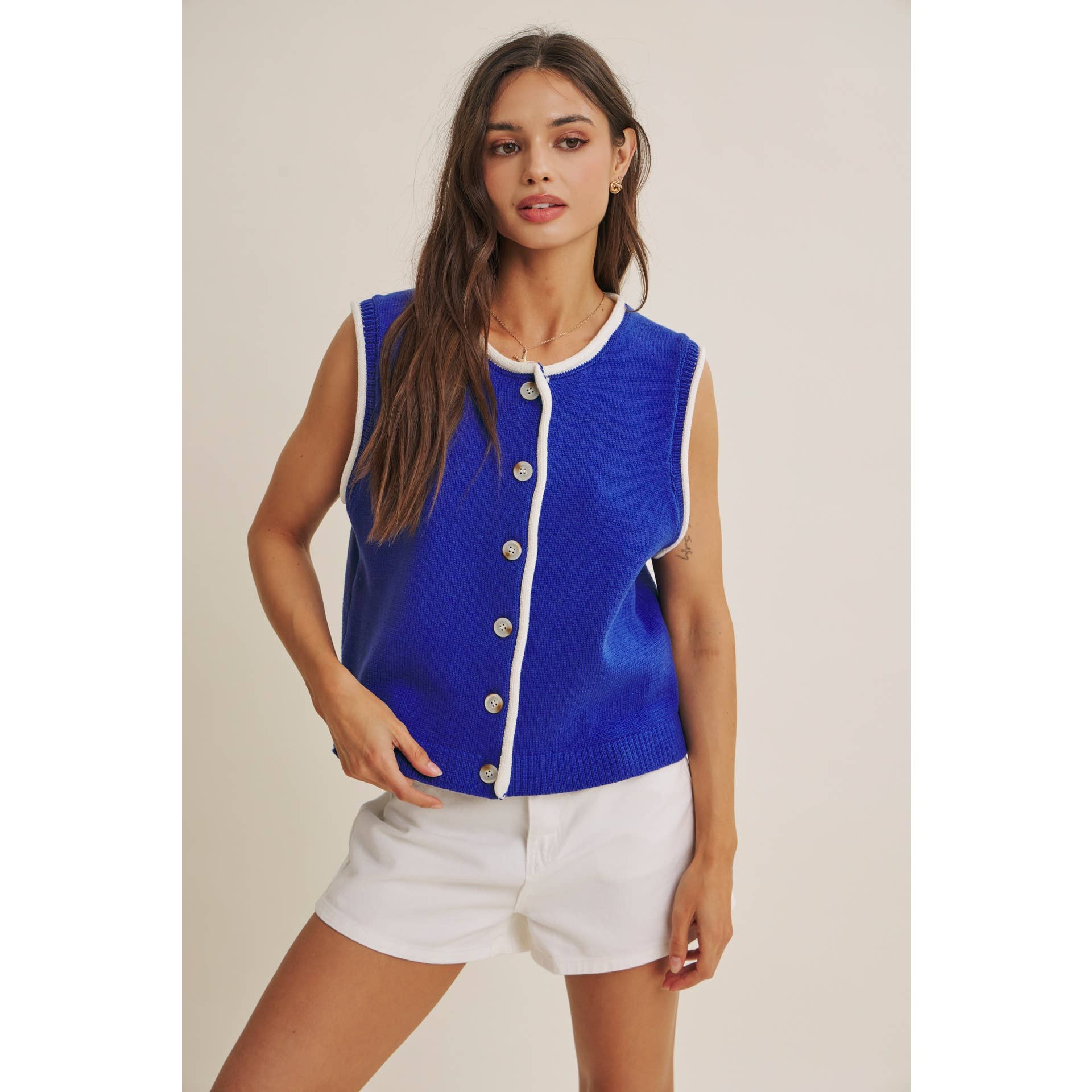 CONTEMPORARY COLOR POP BUTTON-DOWN SWEATER KNIT VEST: ROYAL BLUE / S | Stella & Grace Boutique .