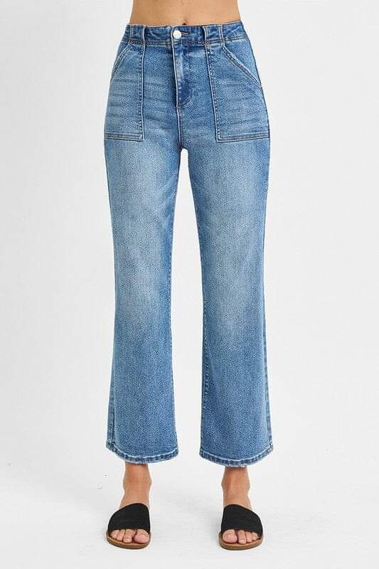 RISEN High Rise Ankle Flare Patch Pocket Jeans