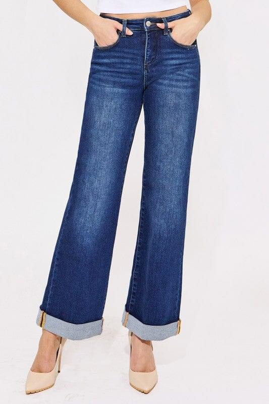 RISEN Dark Wash Tummy Control High Rise Wide Leg Cuffed Jeans