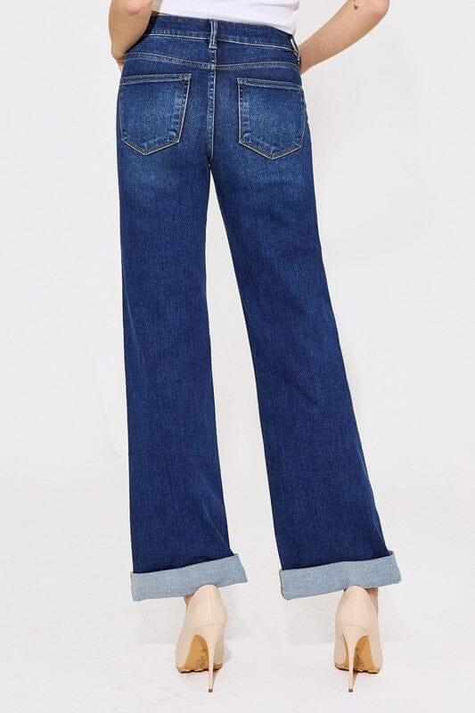 RISEN Dark Wash Tummy Control High Rise Wide Leg Cuffed Jeans