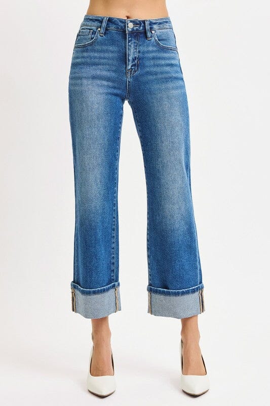 RISEN Medium Wash Mid Rise Crop Straight Cuffed Jeans