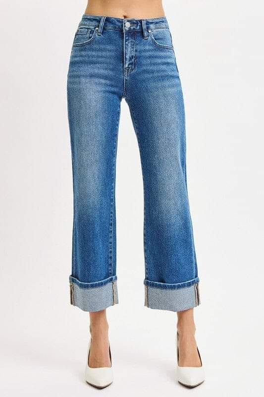 RISEN Medium Wash Mid Rise Crop Straight Cuffed Jeans