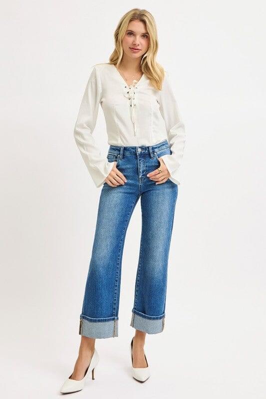 RISEN Medium Wash Mid Rise Crop Straight Cuffed Jeans