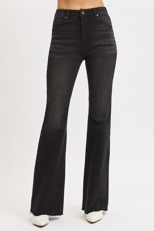 RISEN Black High Rise Flare Raw Cut Hem Jeans
