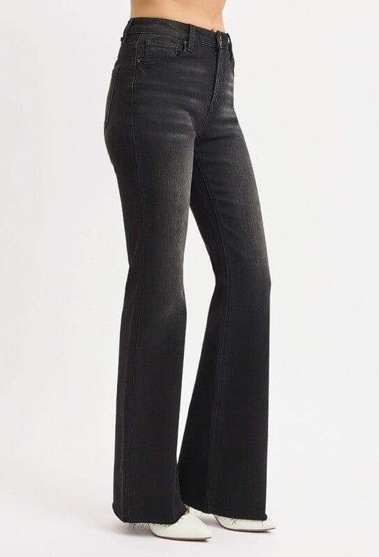 RISEN Black High Rise Flare Raw Cut Hem Jeans