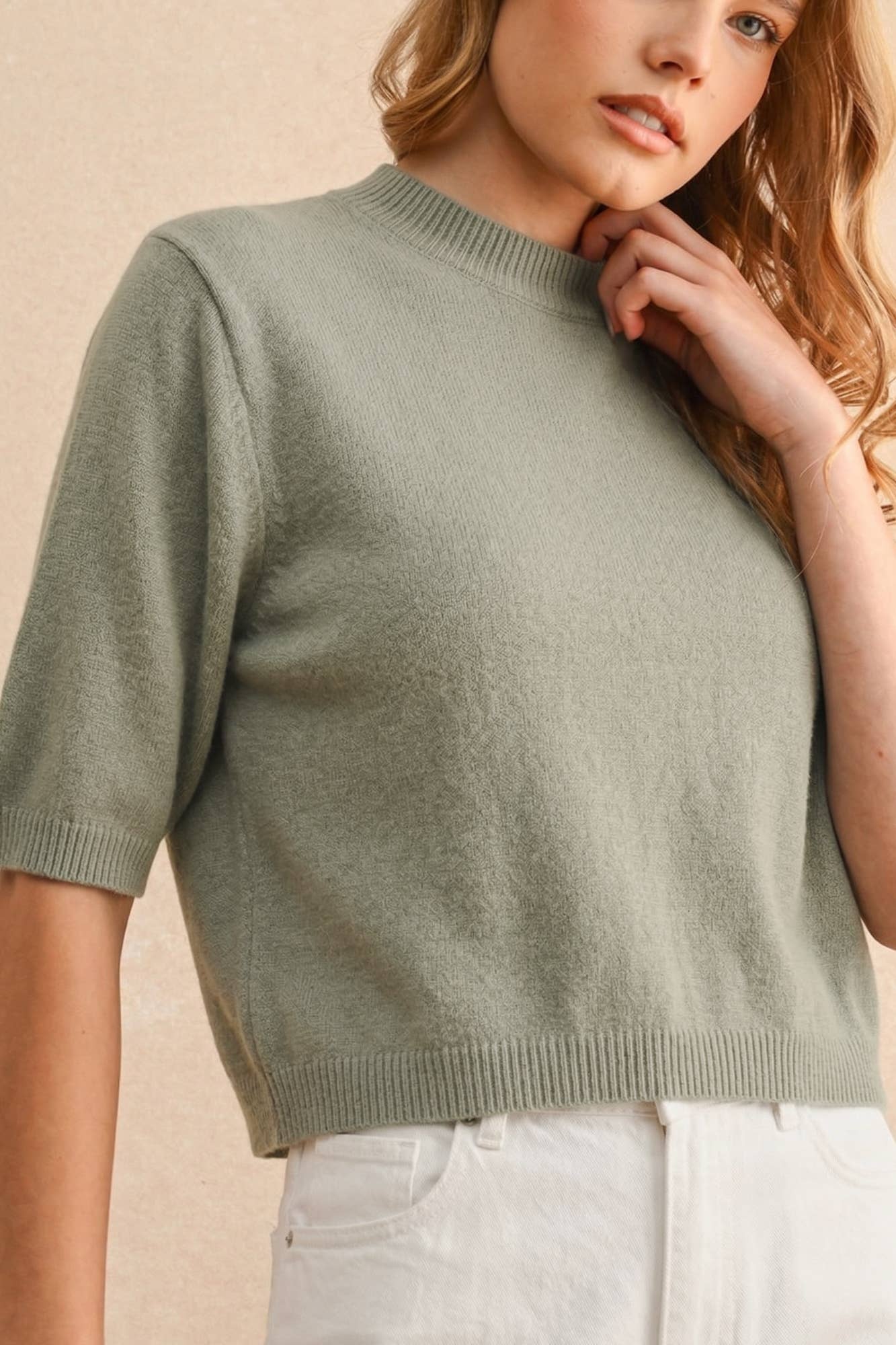 Sage Butter Cropped Short Sleeve Knit Sweater Top