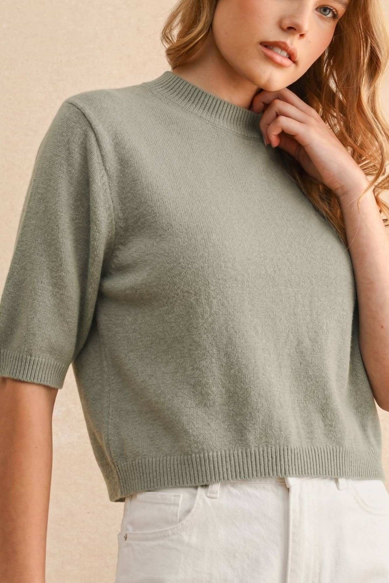Sage Butter Cropped Short Sleeve Knit Sweater Top