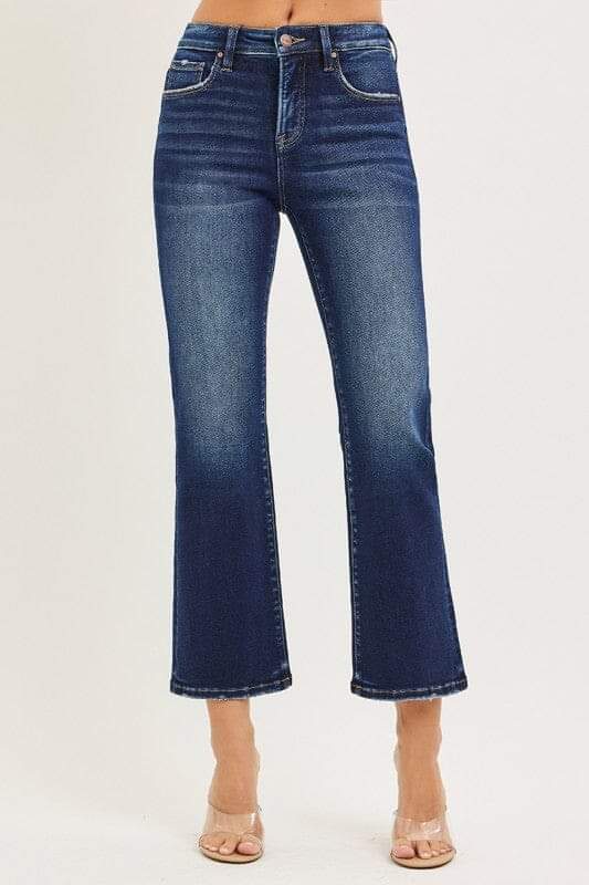 RISEN Dark Wash Tummy Control High Rise Crop Bootcut Jeans