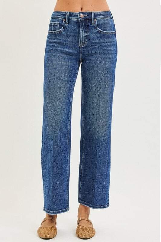 RISEN Sculpt & Straight: High-Rise Tummy Control Ankle Jeans - Dark Wash