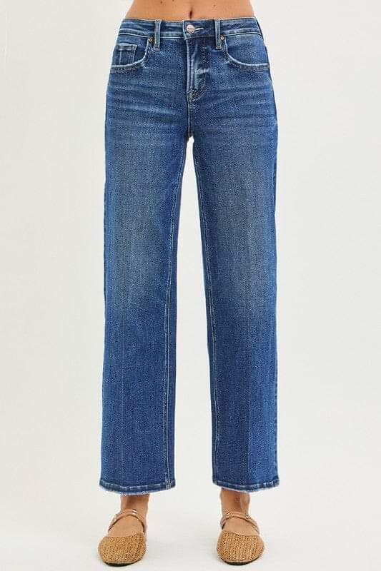 RISEN Sculpt & Straight: High-Rise Tummy Control Ankle Jeans - Dark Wash
