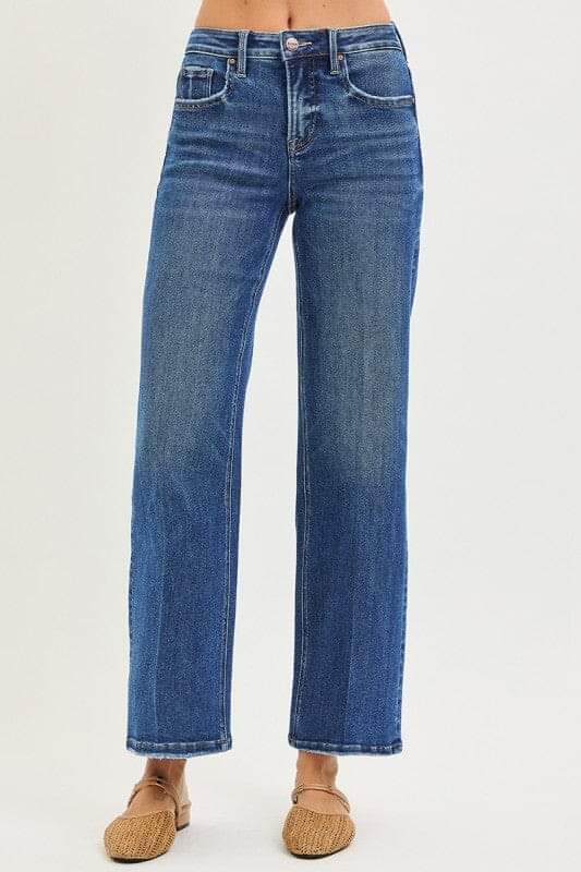 RISEN Sculpt & Straight: High-Rise Tummy Control Ankle Jeans - Dark Wash