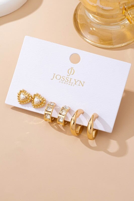 Pearl Heart & Rhinestone Huggie Hoop Trio Earring