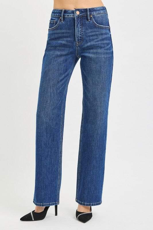 RISEN Dark Wash Tummy Control 4-way Stretch High Rise Straight Leg Jeans