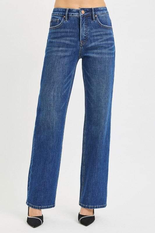 RISEN Dark Wash Tummy Control 4-way Stretch High Rise Straight Leg Jeans