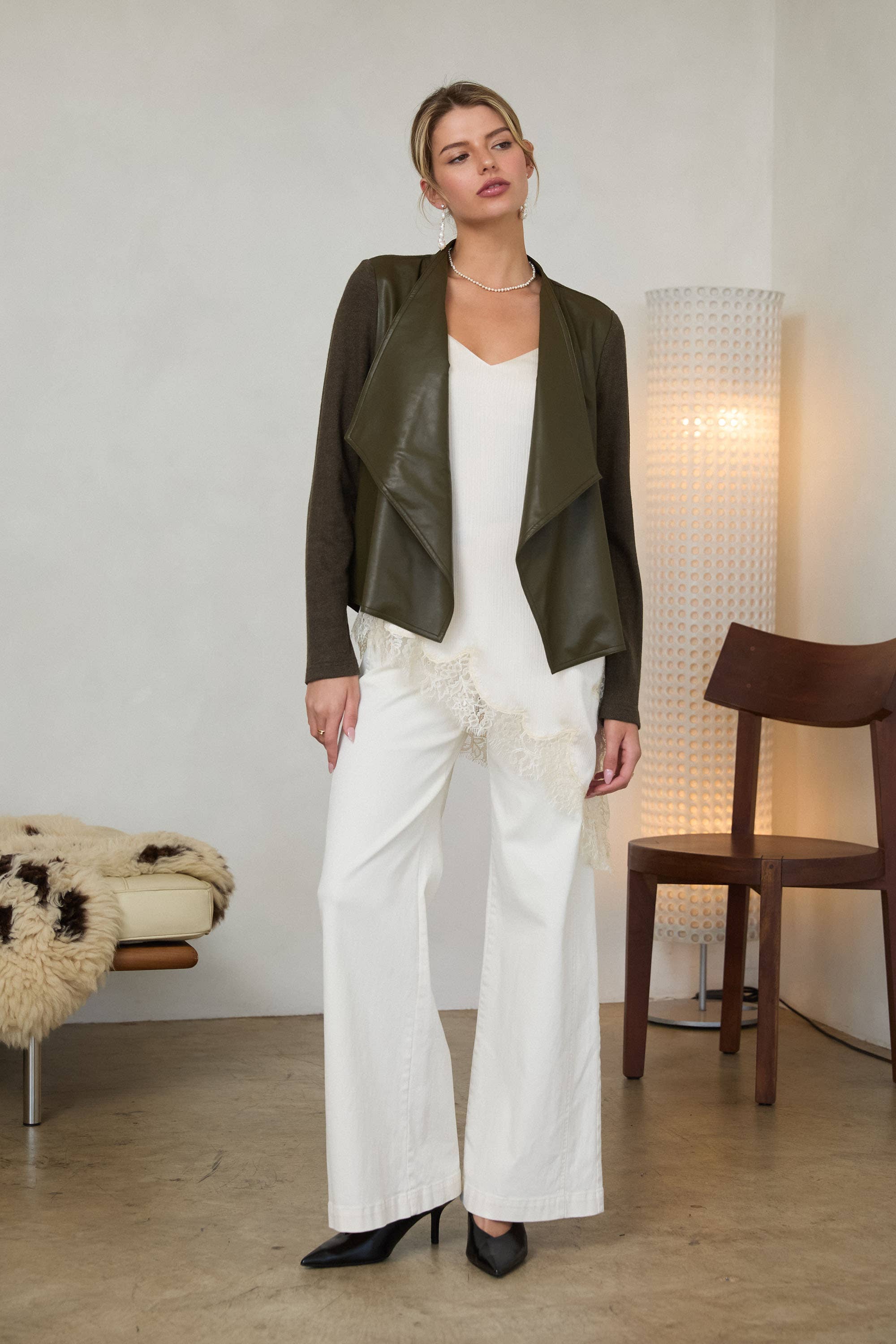 Mixed Media Faux Leather Draped Jacket: Olive / XS