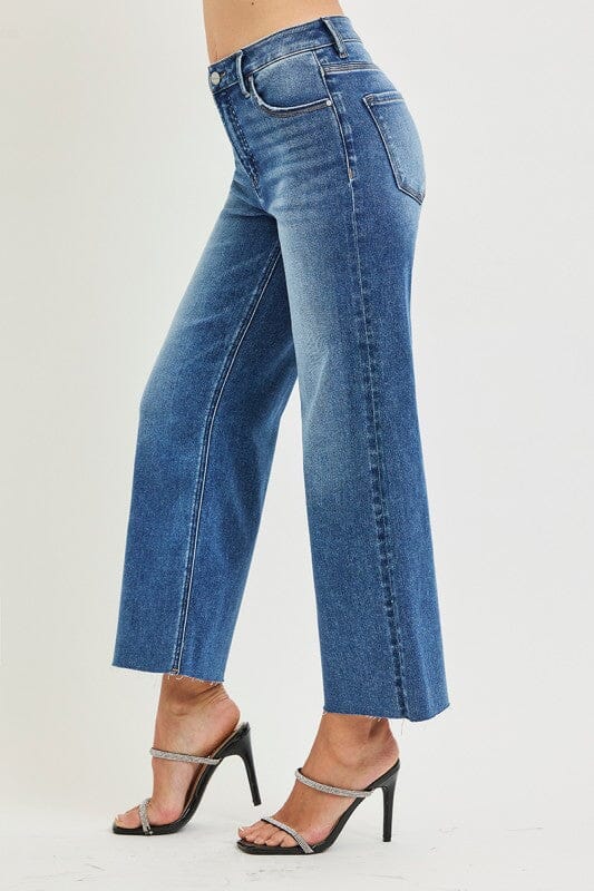 RISEN Tummy Control High Rise Crop Wide Creased Jeans