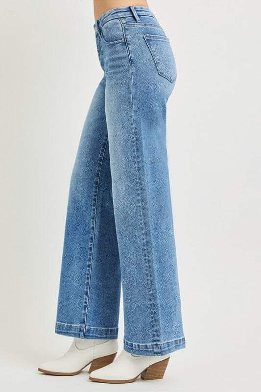 RISEN Tummy Control Mid-Rise Wide-Leg Jeans - Medium Wash