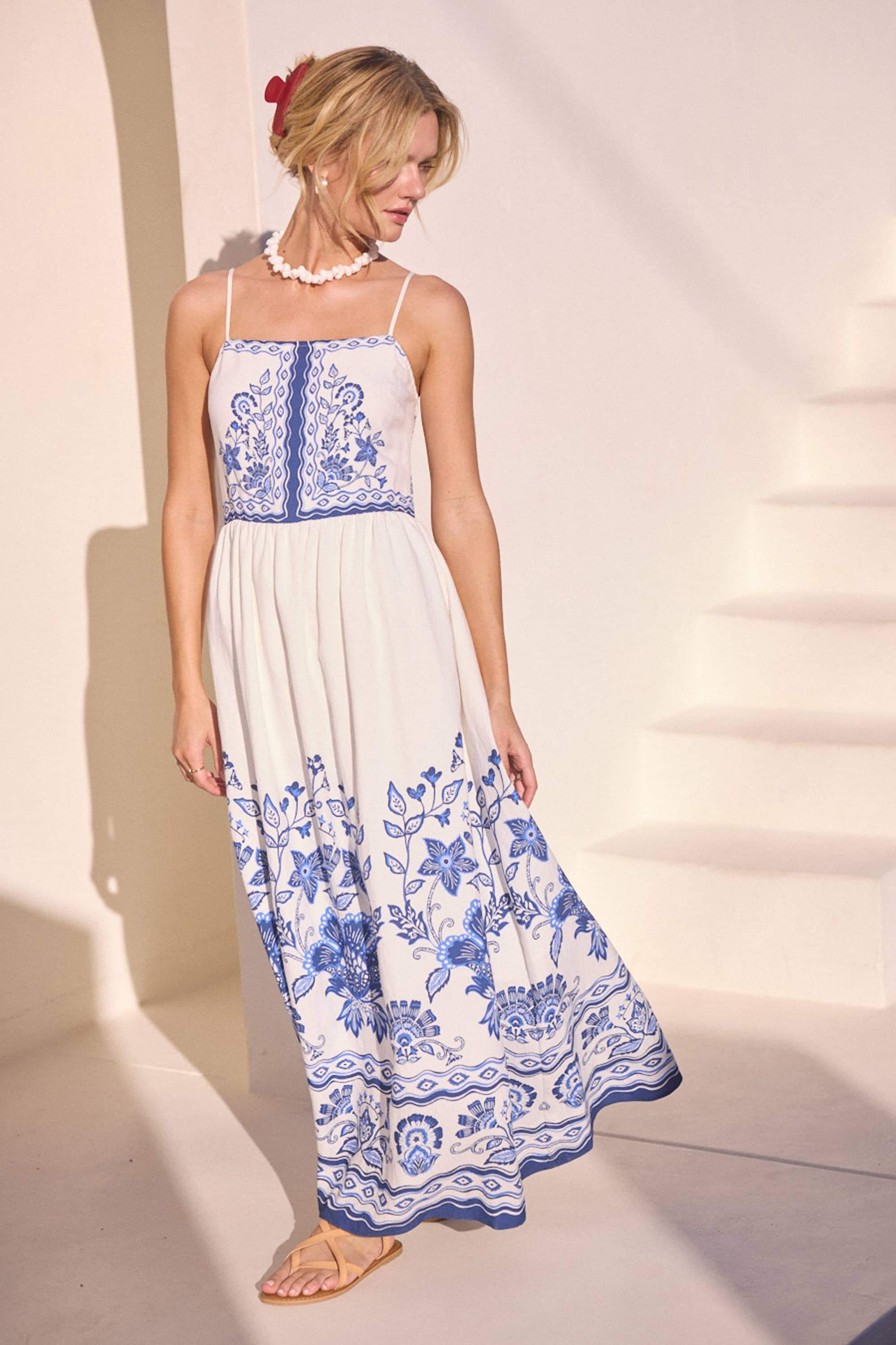 Serene Blue Floral Border Print Maxi Dress
