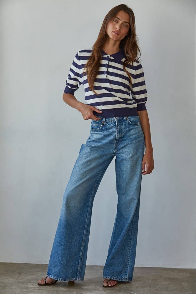 W2262 | Knit Sweater Striped Half Button Up Collar Neck Top: Navy White / S