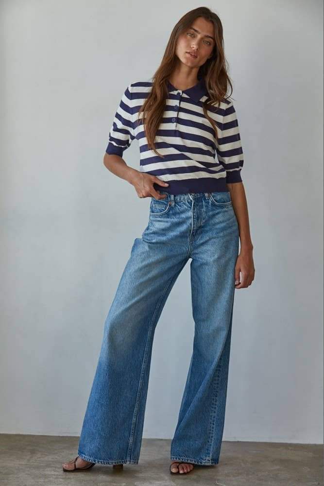 W2262 | Knit Sweater Striped Half Button Up Collar Neck Top: Navy White / S