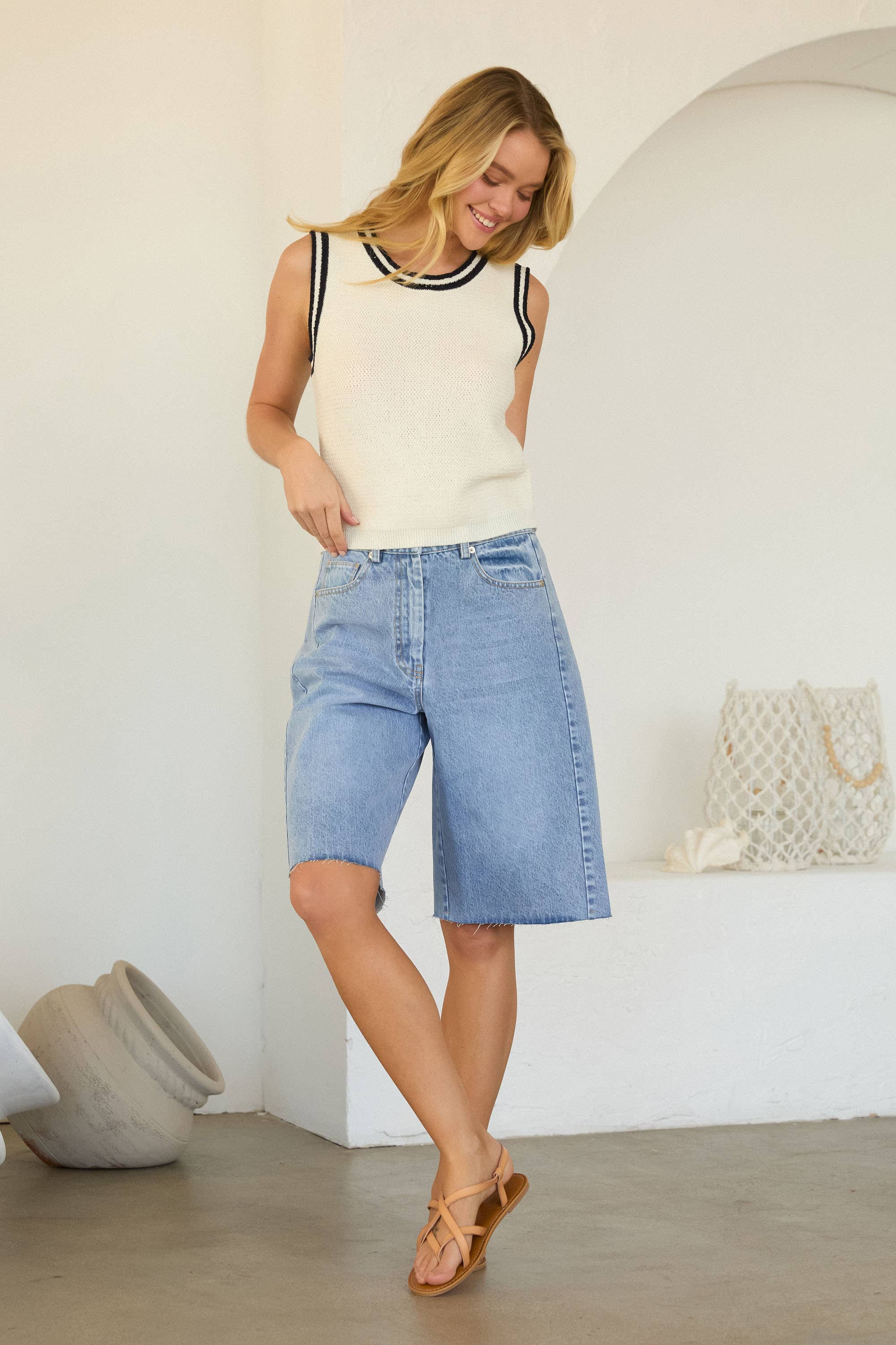 Striped Crochet Trim Sweater Vest: White-Navy / XS