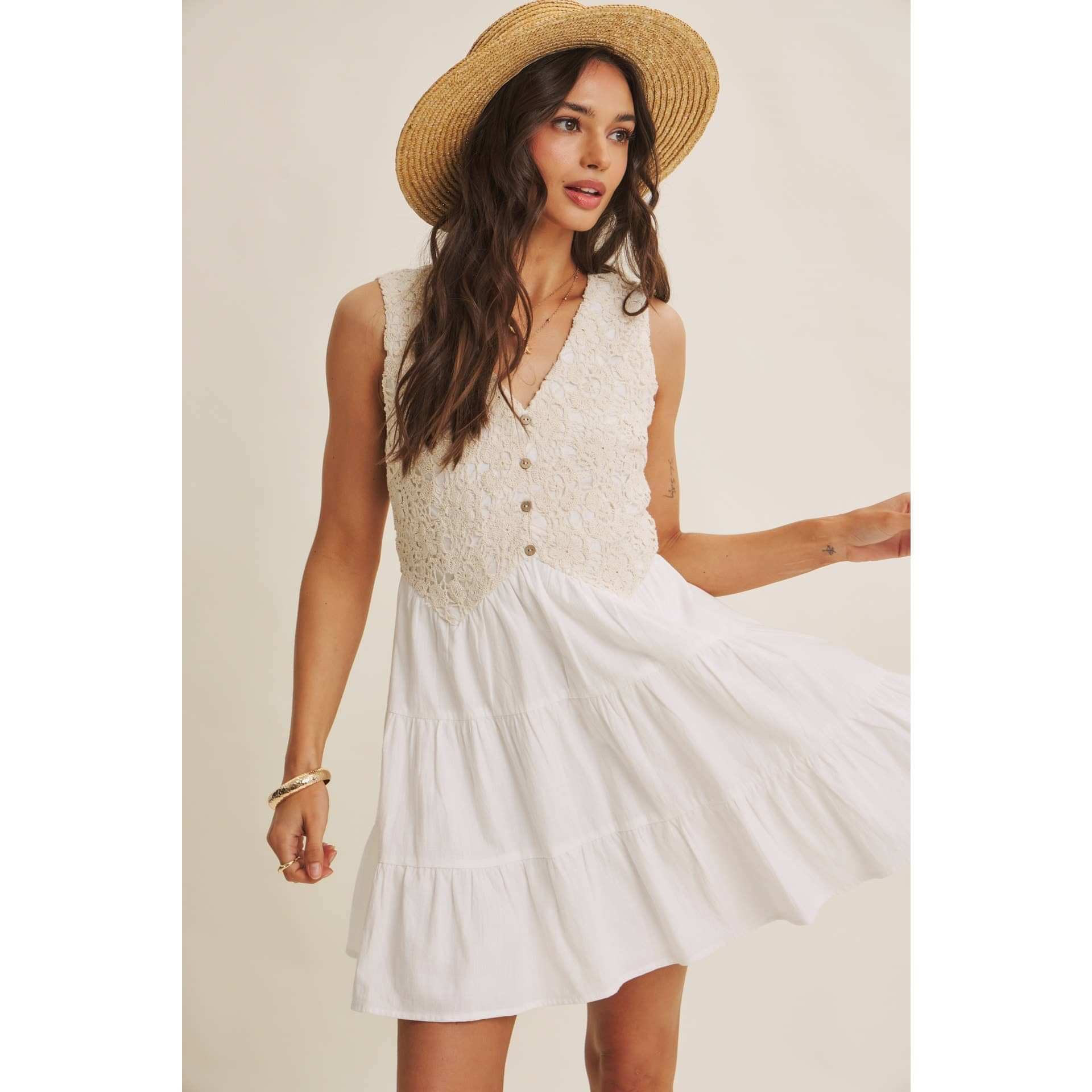 FRENCH PICNIC MIXED MEDIA COTTON CROCHET MINI DRESS: OFF WHITE / S