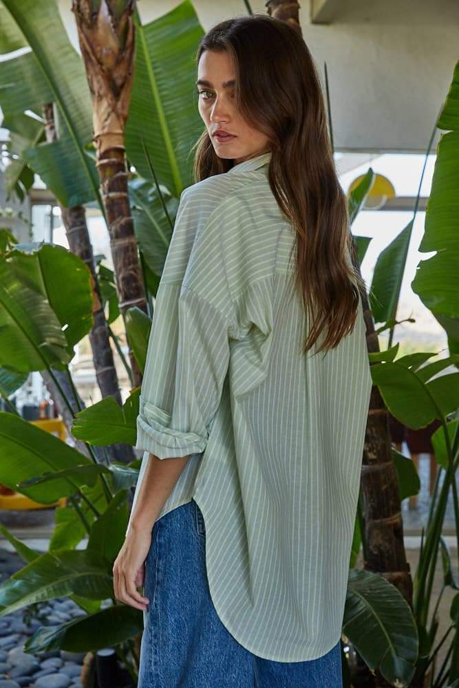 L8287 | Woven Cotton Polyester Striped Buttondown Shirt: Green / S